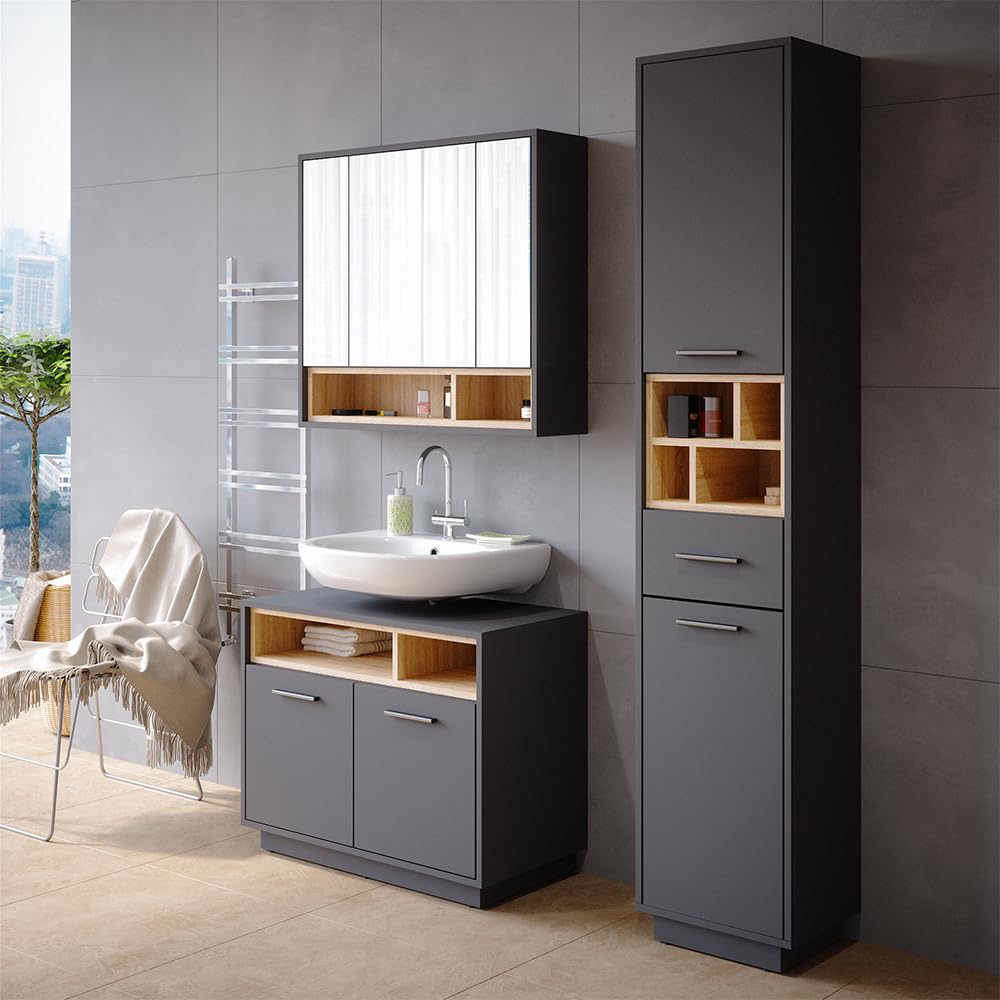 Vicco Armoire de Toilette Beatrice, Anthracite, 80x72cm | pour montage mural avec étagères ouvertes