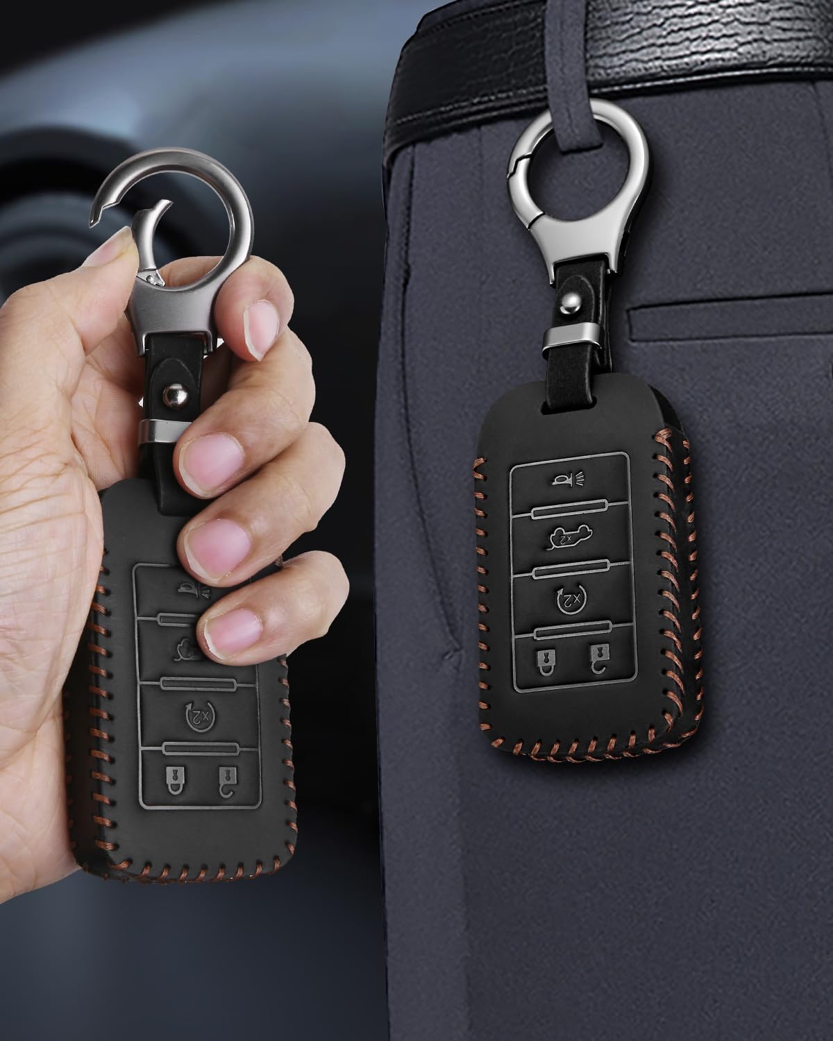 YaSeim Compatible with Jeep Key Fob Cover with Keychain,Leather Car Key Fob Case for 2025 2024-2021 Grand Cherokee L Grand Wagoneer L Wagoneer Grand Cherokee 5 Buttons Smart Remote Key Accessories