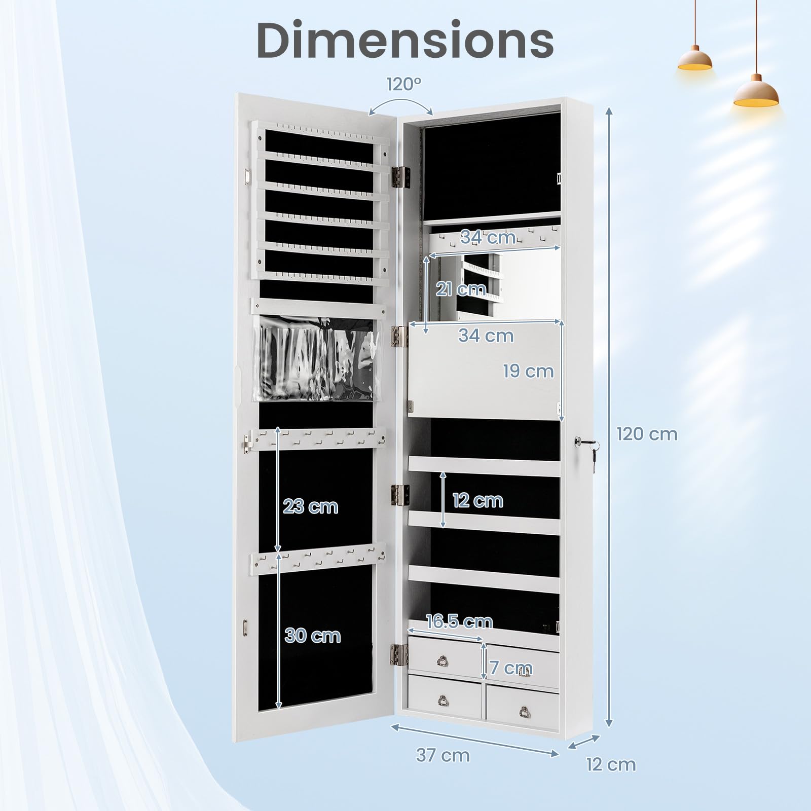 GOPLUS Schmuckschrank mit Spiegel, Spiegelschrank hängend mit LED-Beleuchtung, Wandschrank mit Innenspiegel, Ablagen & Schubladen, Wandmontage & Türmontage