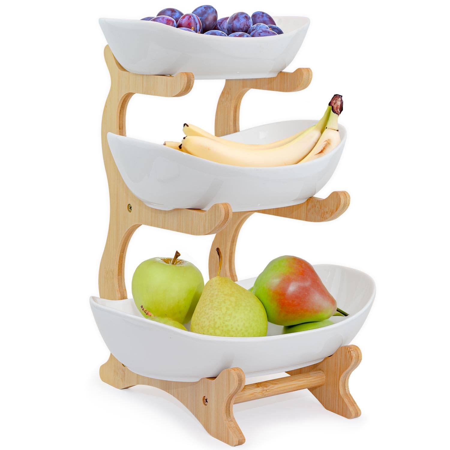Dimono® Bandeja 3 Niveles con Cuencos de Cerámica y Soporte Bambú | Étagère para postres, frutas y quesos - cuencos ovalados blancos - altura 32 cm - diseño natural