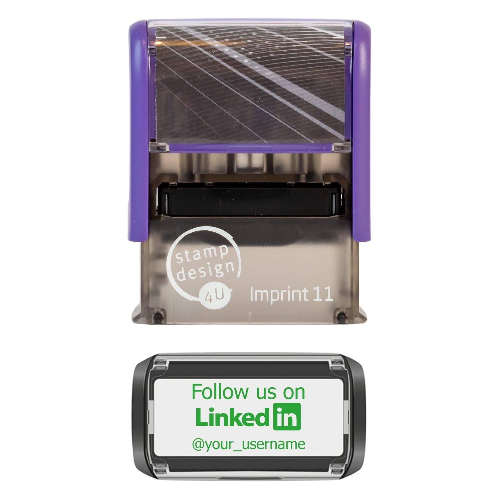 Personalised Social Media Custom Stamp Self Inking - Follow us on LinkedIn in Green Ink