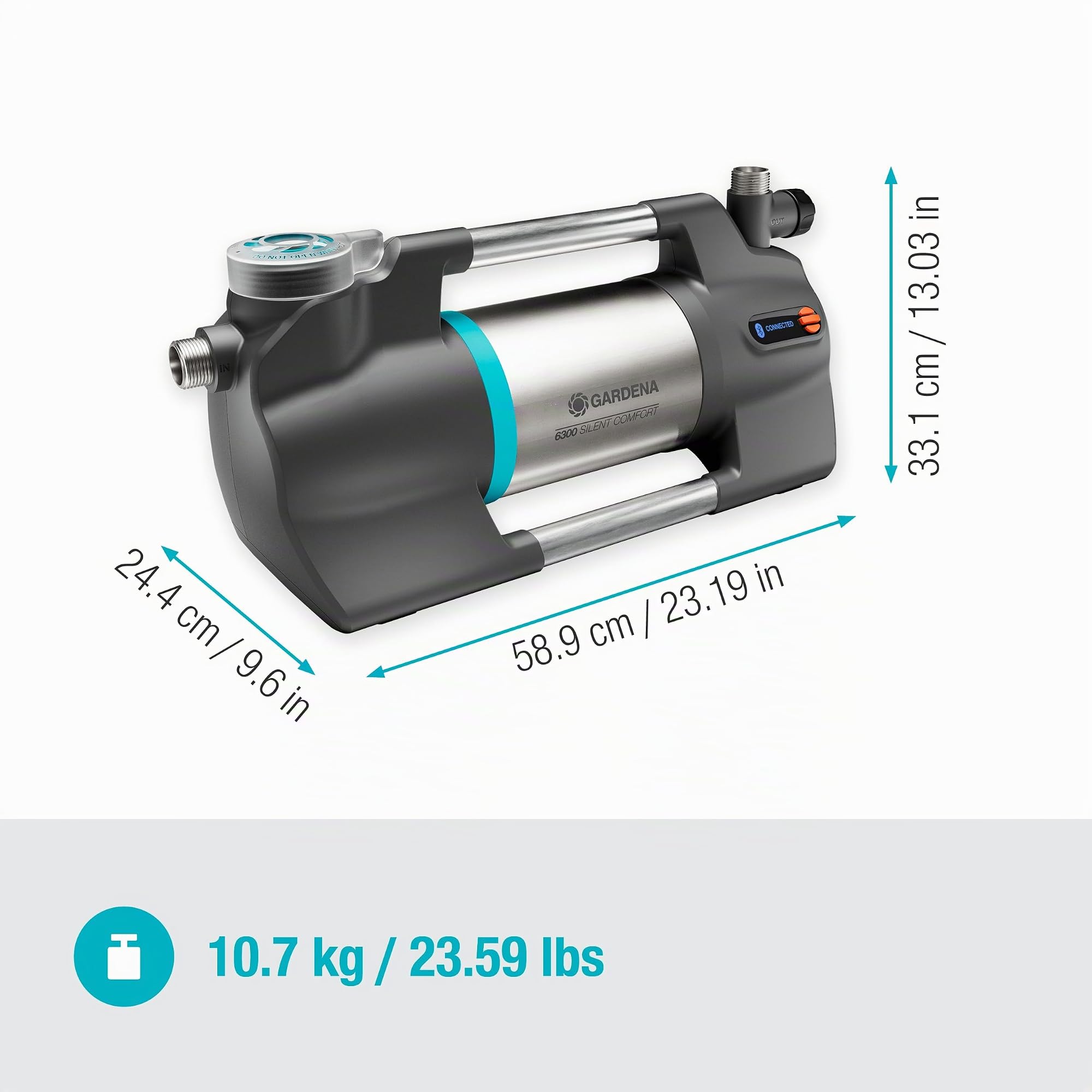 Gardena bomba de jardín 6300 SilentComfort: Bomba de riego extrasilenciosa accionada por app, caudal de 6300 l/h, seguro contra func. seco, acero inoxidable, bajo consumo e impermeable (9058-20)