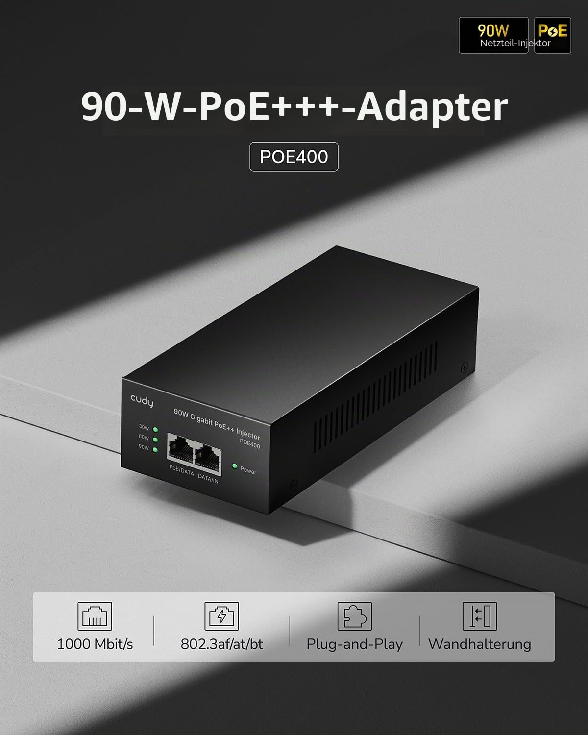 Cudy POE400 90W Gigabit Ultra Leistung Netzteil PoE++, PoE++ Injector, 48V-56V/ Max 90W, 10/100/1000Mbps RJ-45, IEEE 802.3af / 802.3at / 802.3bt kompatibel, Bis zu 1 00 Meter PoE Adapter