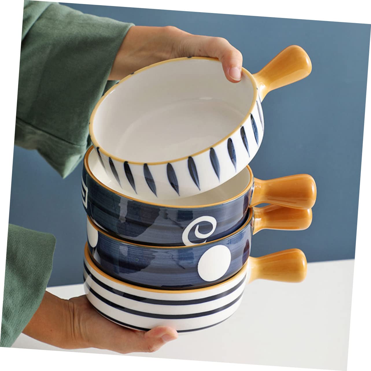 Tazón de Cerámica Redondo para Hornear y Ensalada con Diseño Azul, Fácil de Limpiar Rebabas, Adecuado para Cocina y Guardar Postres