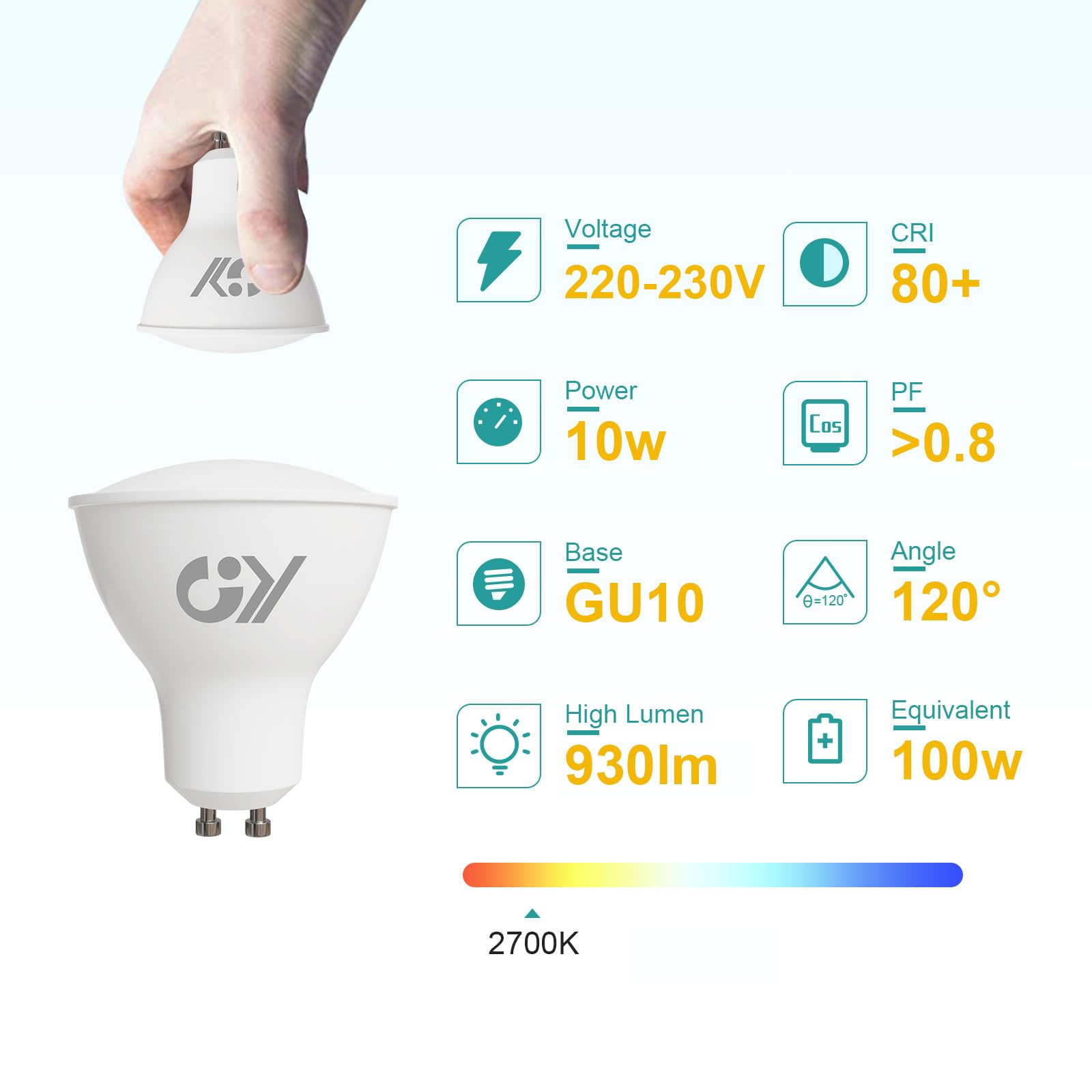 GY Lampadine LED GU10, 10W 930 lumen, non dimmerabili, equivalenti a lampadine a incandescenza da 100W, 2700 Kelvin bianco caldo, angolo del fascio 120°, lampadine a risparmio energetico, 12 pezzi