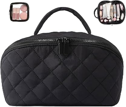 Petition Makeup Bag for Woman, Expandable Makeup Bag, Travel Makeup Bags,Spacious 180 Open Cosmetic Organizer for Toiletries & Brushes Large Capacity with CompartmentsBlack