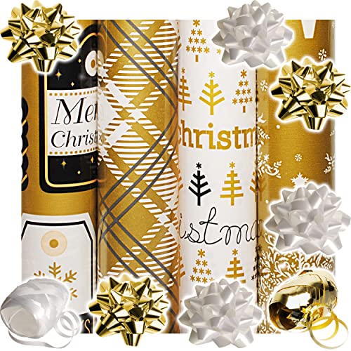 alles-meine.de GmbH 13 TLG. XXL Set: Geschenkpapier - Weihnachten - 4 Rollen + 7 Schleifen + 20 m Schleifenband - edel - Gold & Silber - Geschenkschleifen - Geschenkpapierset - G..