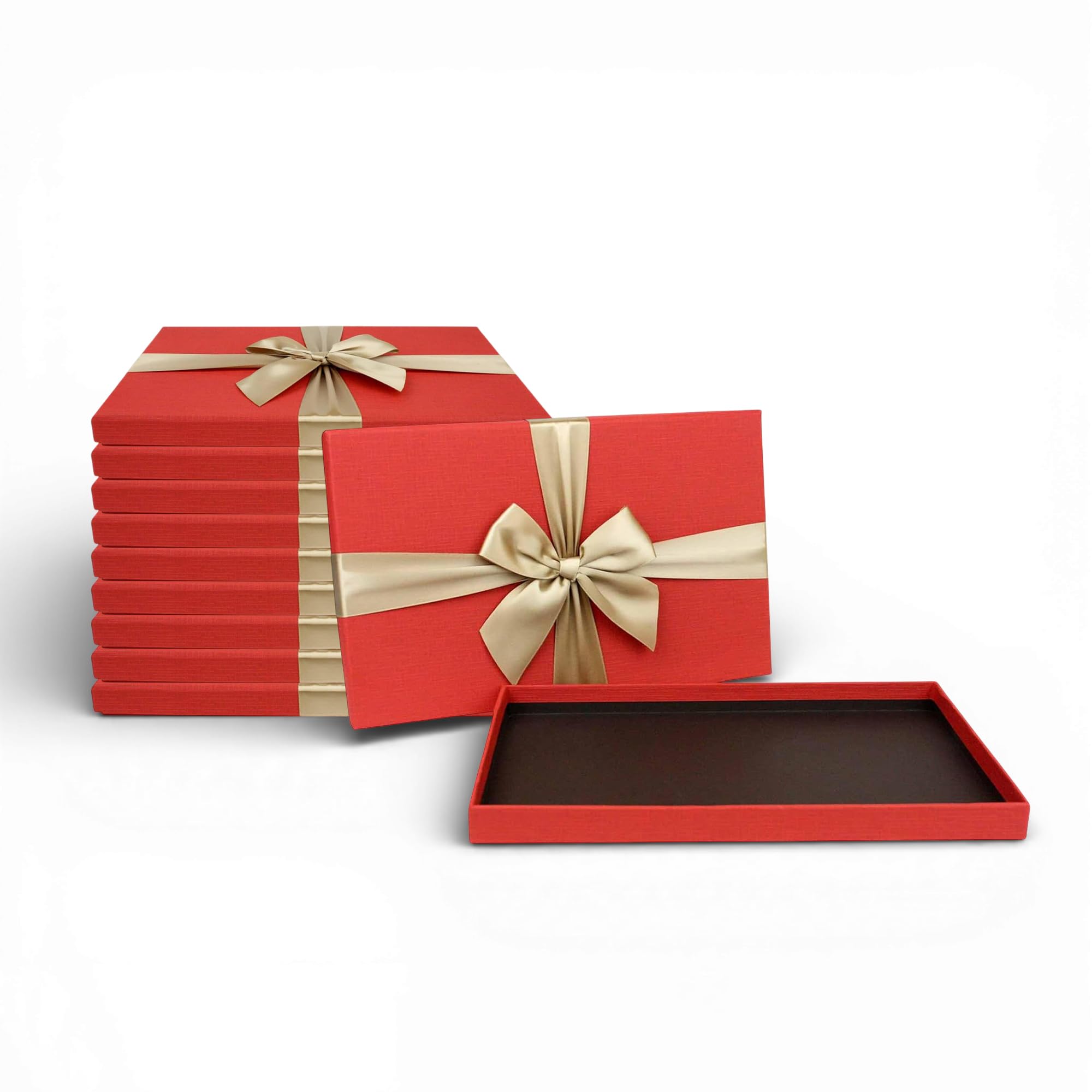 Emartbuy Set of 10 - White/Red Rigid Slim Gift Boxes with Ribbon – 28 x 18 x 2.2 cm – Luxury Cardboard Presentation Box|Premium Packaging for Hampers, Birthdays, Weddings, Corporate Gifting