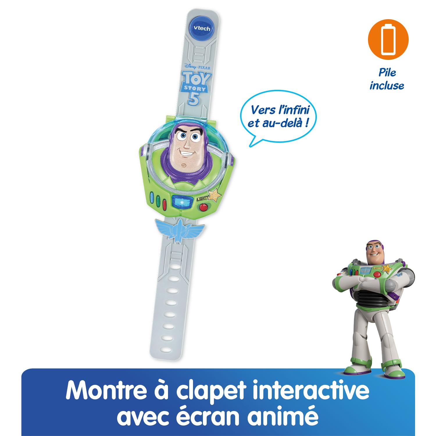 VTech - Toy Story 5, La Montre-Jeu Éducative de Buzz - Montre Toy Story avec Écran Animé, Bracelet Réglable, 10 Cadrans, 4 Jeux - Buzz l'Éclair Parlant - Cadeau Enfant Dès 3 Ans - Contenu en Français