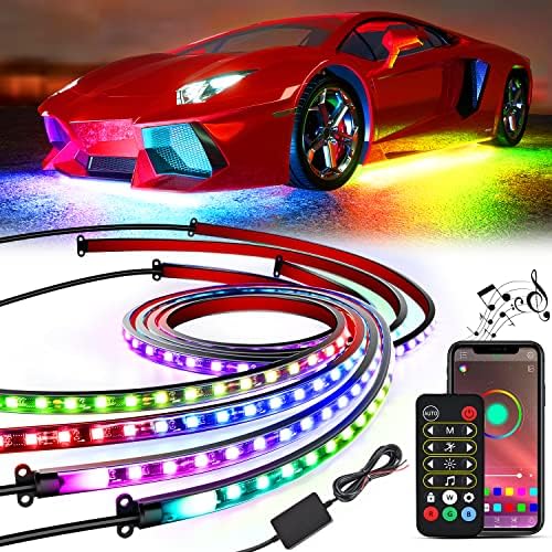 Nilight 4Pcs Car Underglow Neon Accent Strip Lights 256 LEDs RGBIC Multi Color DIY Sound Active Function Music Mode with APP Control and Remote Control Underbody Light Strips, 2 Years Warranty