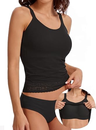 Lace Top with Built in Bras - Adjustable Wide Strap Top Lace Trim Cami U-Neck Sleeveless Summer Tank Tops Layering