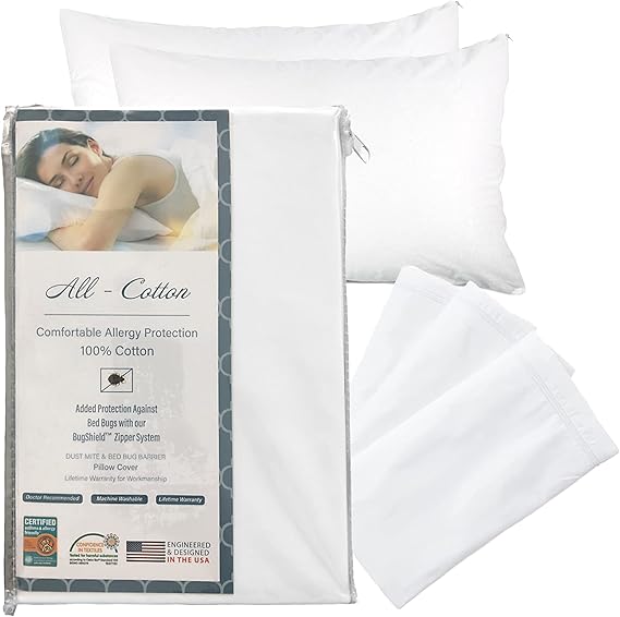 National Allergy Premium 100 Cotton Zippered Pillow Protector Queen Size White