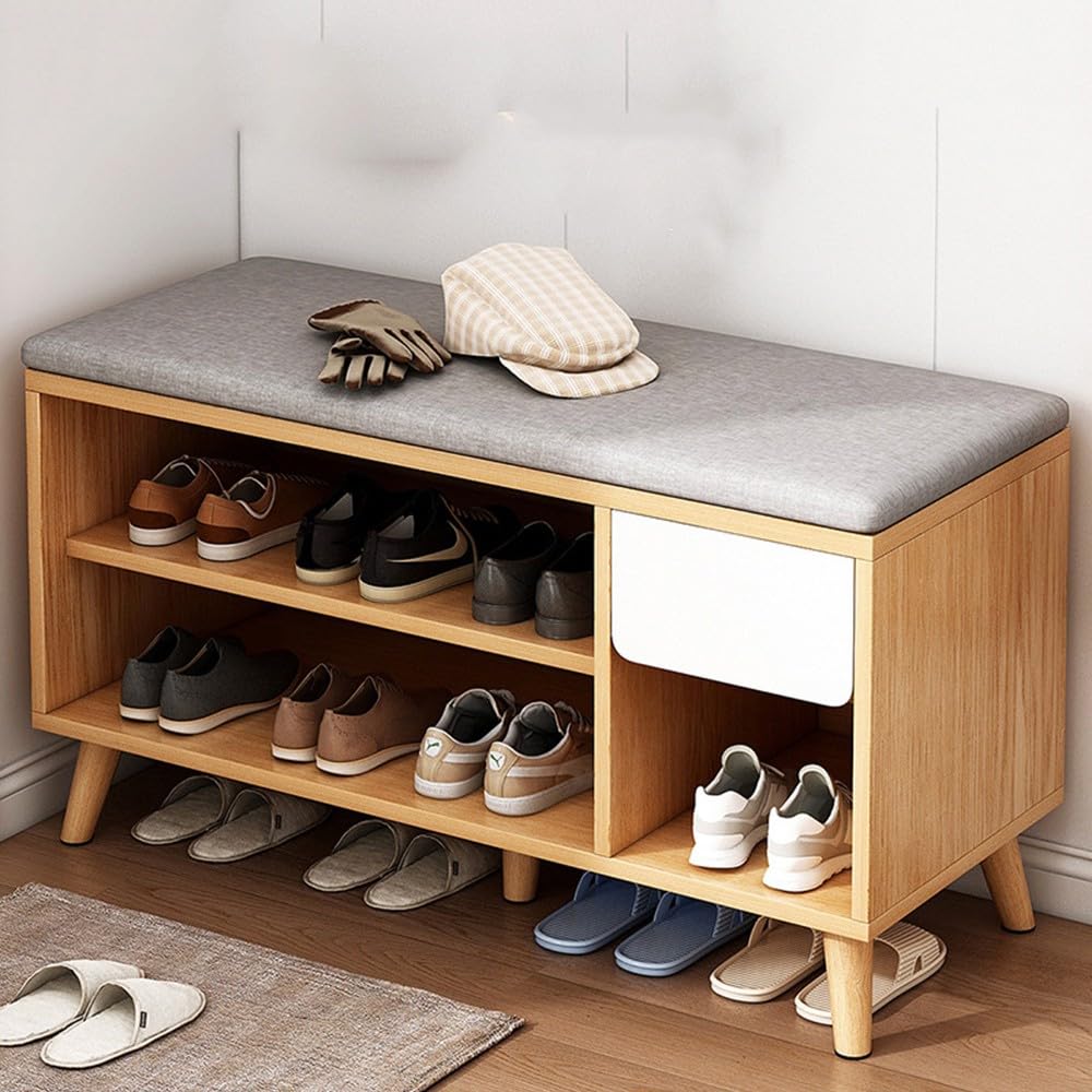 Étagère à chaussures en bois avec assise pour couloir chaleureux