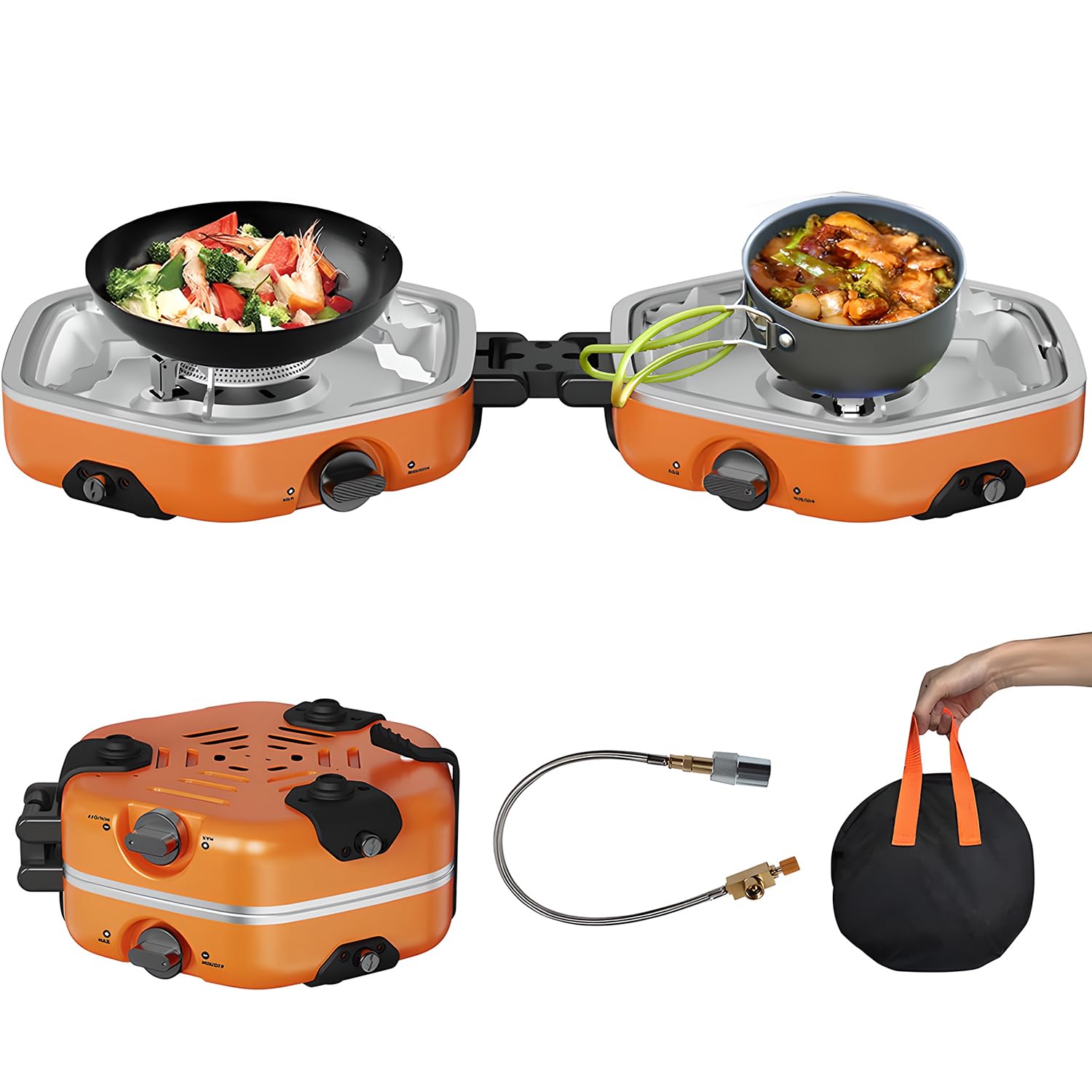 Estufa de gas para camping, 17000 BTU plegable para exteriores con 2 quemadores ajustables e encendido piezoeléctrico, ideal para barbacoa, senderismo, fogatas, cocina de emergencia