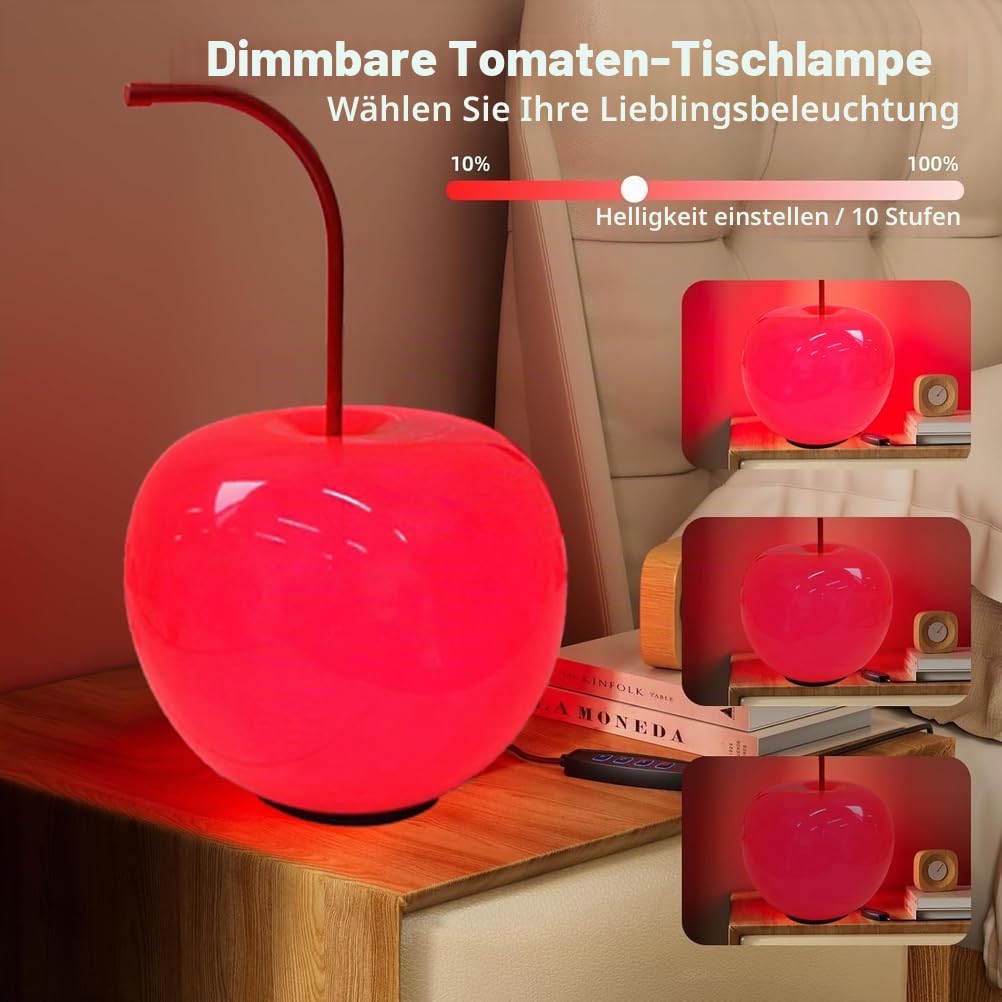 OOWOKS Kirsch Lampe LED Kirsch Tischlampe Kreativ Tischleuchte Dimmbare mit USB-Kable, 3 Farbtemperaturen Glas Rund Dekorative Lampe für Nachttisch Wohnzimmer Schlafzimmer Restaurant