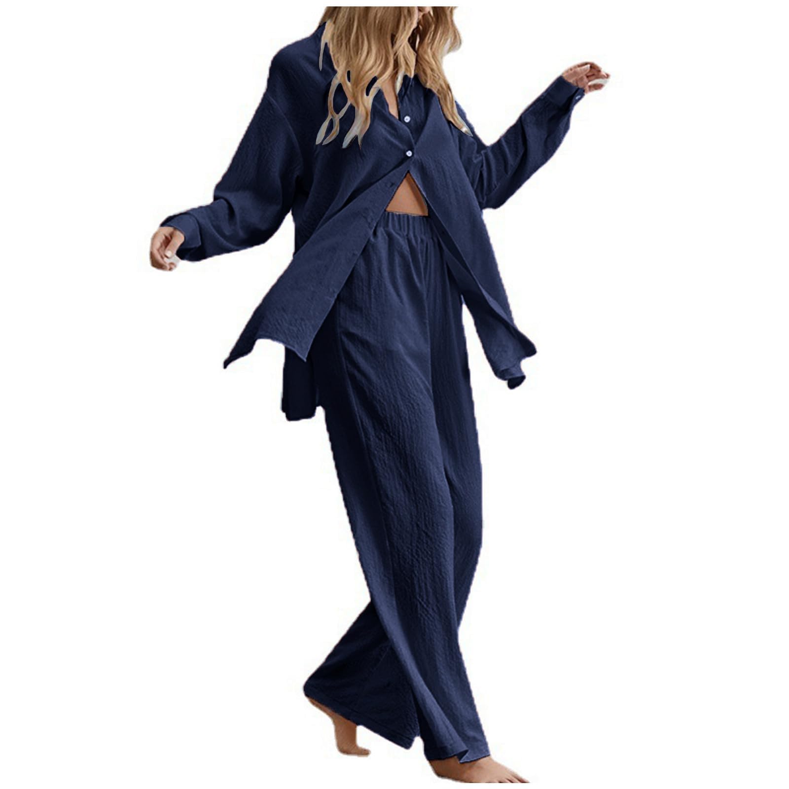 2 Piece Outfits for Women Plus Size Long Sleeve Button Down Shirts Elastic Waist Wide Leg Pants Casual Loose Work Sets