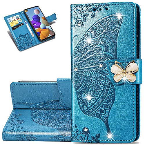 Asdsinforu Galaxy A12 Case Stylish Shiny Diamond Wallet Case Credit Cards Slot With Stand For Pu Leather Shockproof Flip Magnetic Case For Samsung Galaxy A12 Glitter Butterfly Blue Sd #TOP5