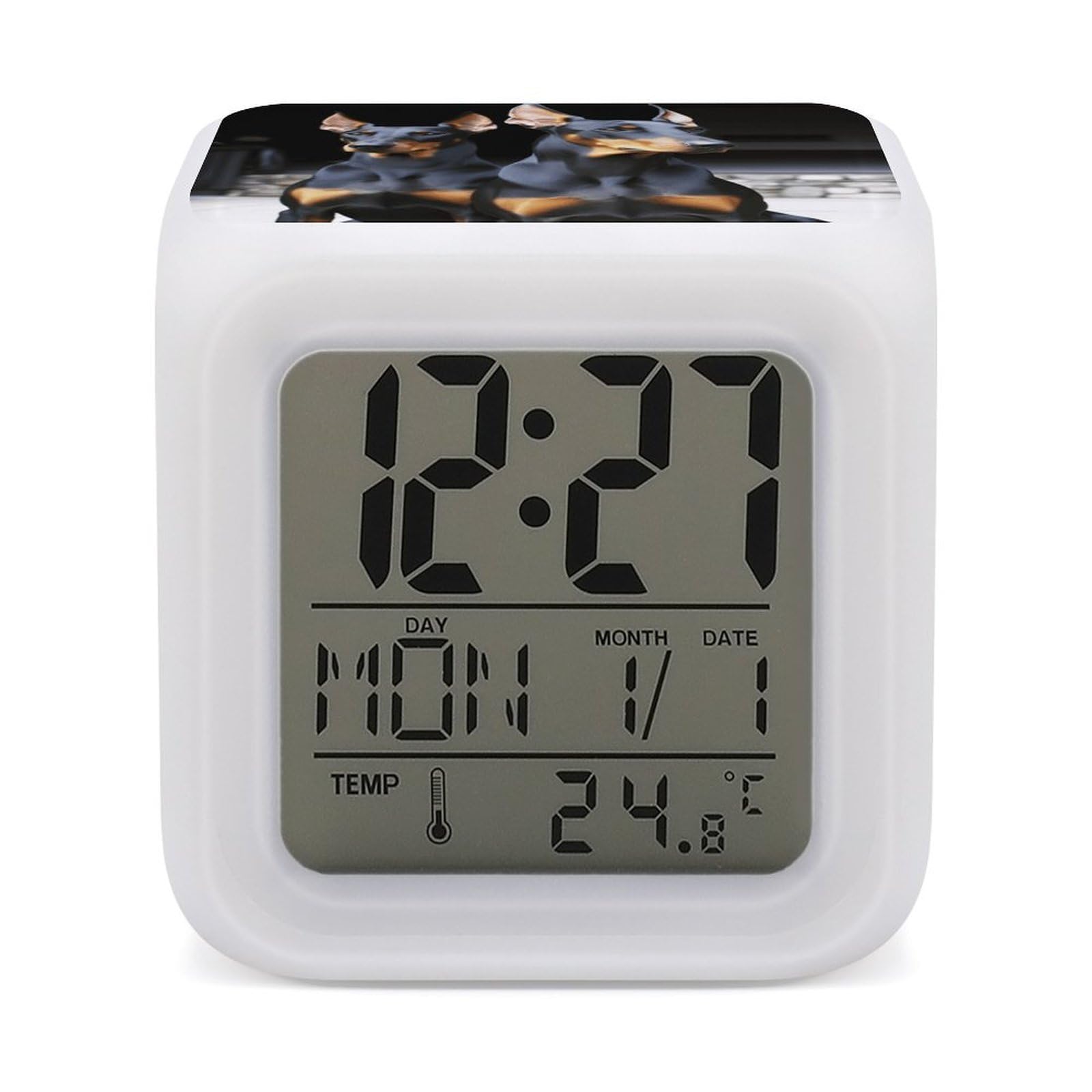 VstaDank Doberman Alarm Clocks with 7 Color Changing Night Light Exquisite Bedroom Digital Clocks with LED Temperature Display Desk Clock Ok to Wake Clocks for Heavy Sleeper