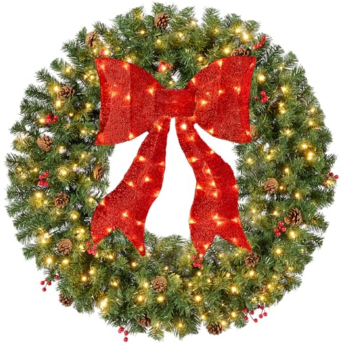 Best Choice Products 36in Pre-Lit Christmas Wreath w/Berries & Pinecones, Large Artificial Indoor/Outdoor Decor for Door, Mantel w/Red Bow, Plug-in