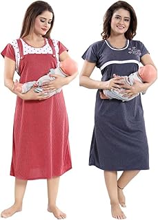 elady Soft Hosiery Cotton Maternity Short Gown Combo Nursing Feeding Short Nighty Pre and Post Pregnancy with Concealed Zip, Short Length Dots Print - Free Size.-picture-42