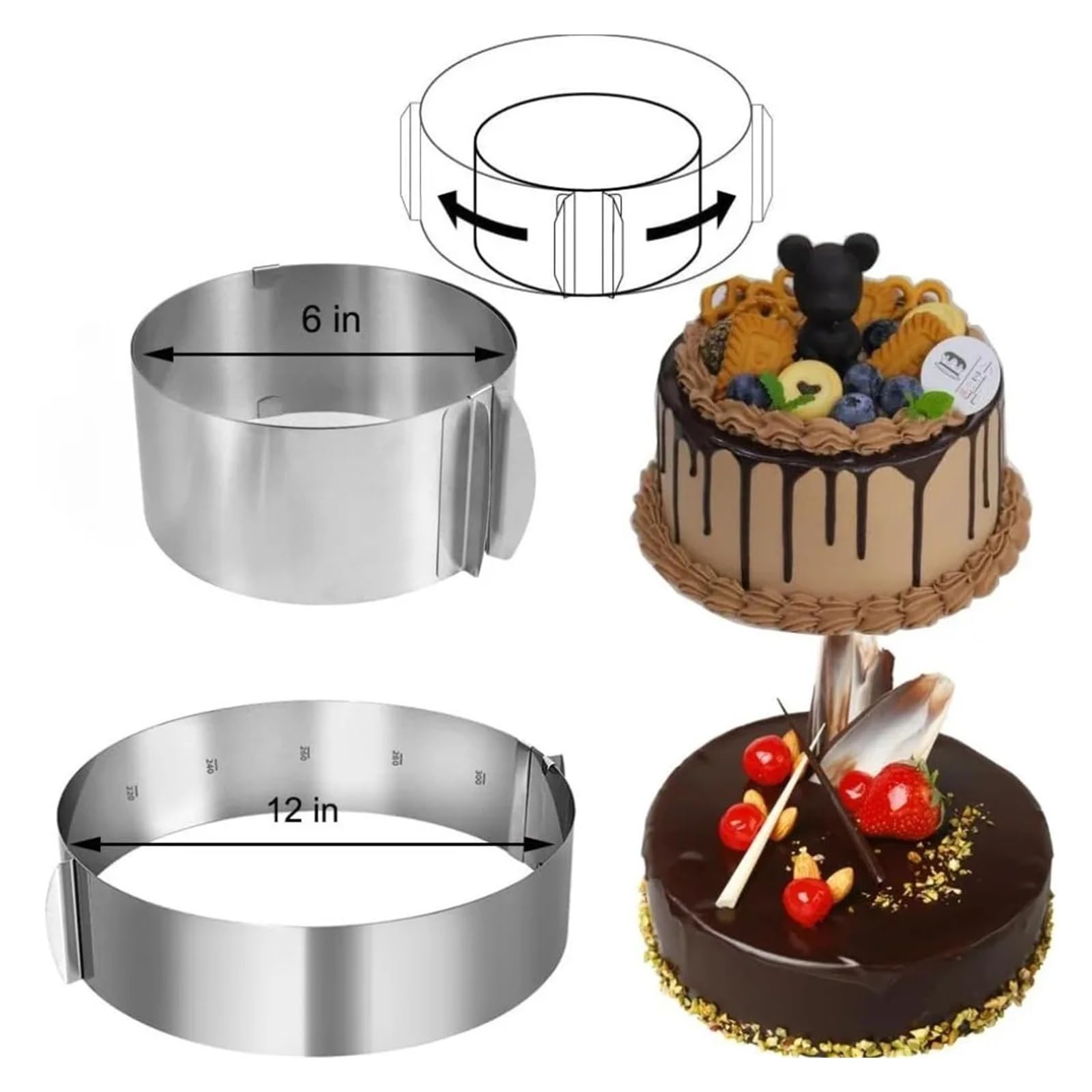 Runde Kuchenform aus Edelstahl, verstellbar von 6 bis 12 Zoll, Höhe 6–15 cm, mit präziser Skala, Form-Backring for Mousse-Backen(8cm)