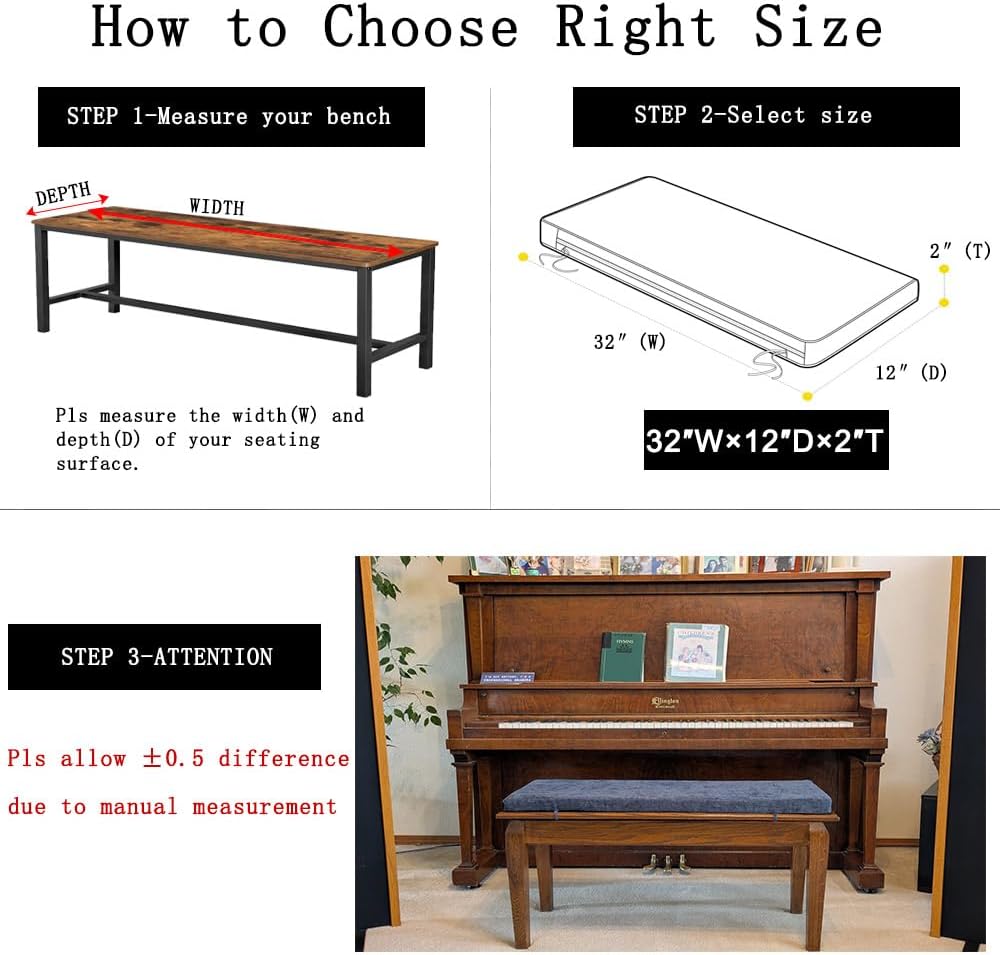 Saula Piano Bench cushons for Indoor Furniture with Ties Non Slip Kitchen Dining Room Bench seat Cushion for Show Storage, Window, Settee, Ottoman (Navy Blue, 32 x 12 Inch)