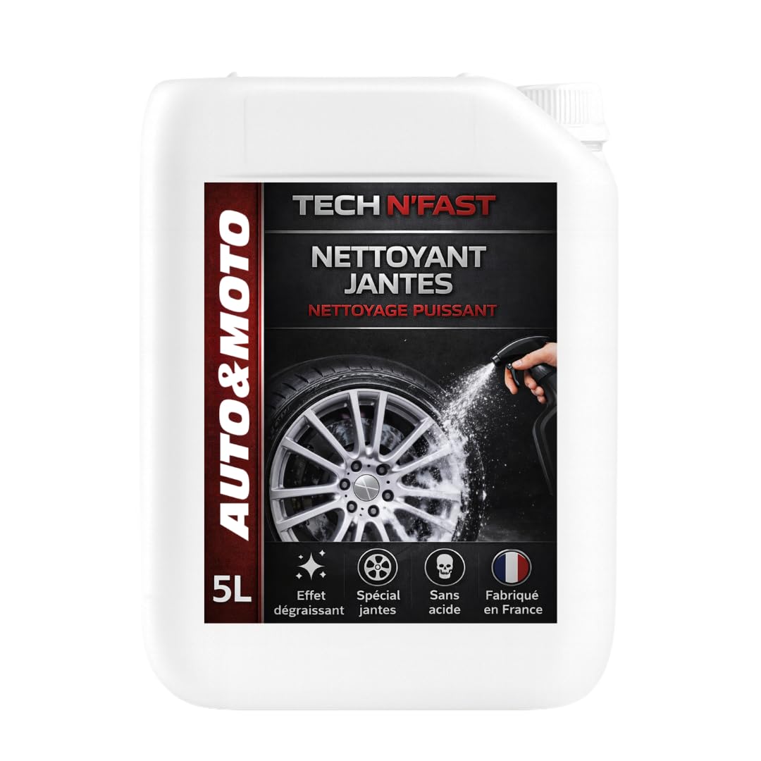 Tech'N'Fast Nettoyant Jantes Voiture, Puissant Contre poussière de Freins et saletés, Formule sans Acide, Compatible Jantes Aluminium, Acier et chromées - 5L