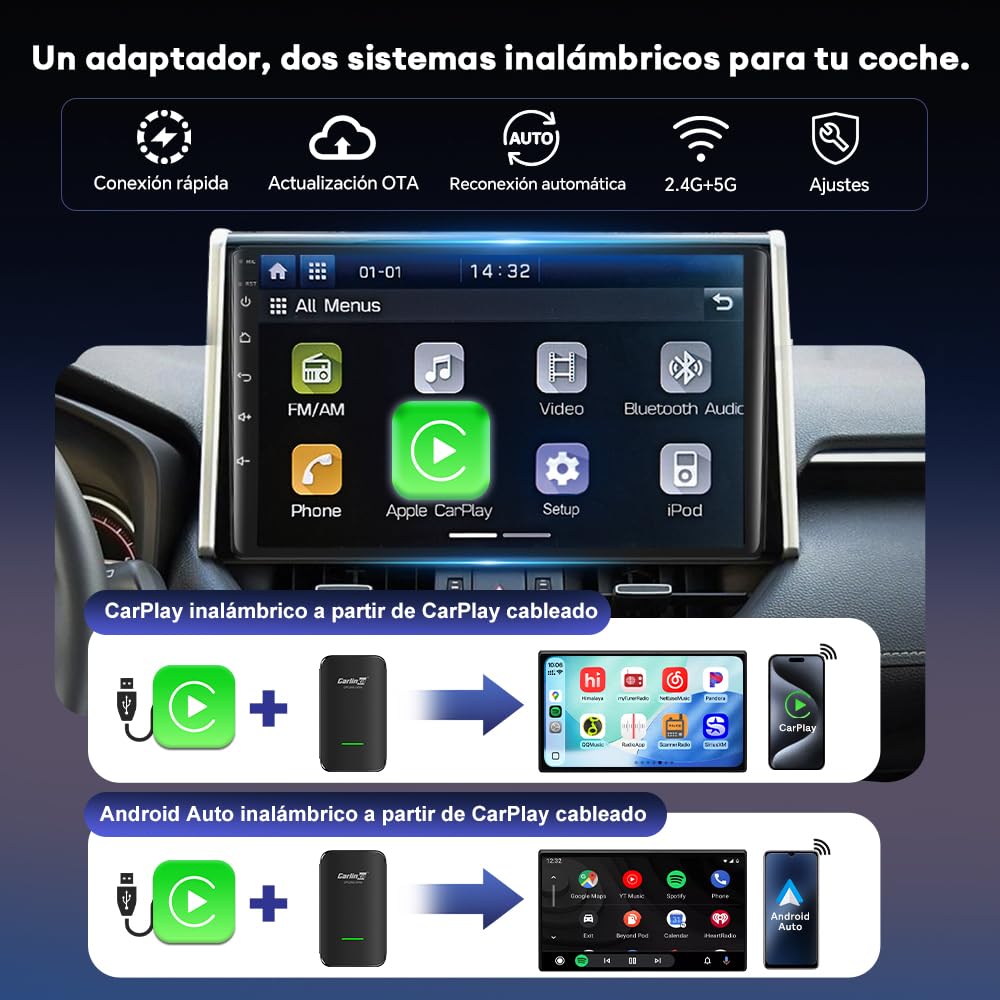 Carlinkit CP2A Pro Adaptador inalámbrico CarPlay - Compatible con Netflix/YouTube/TikTok Lite Streaming para coches CarPlay con cable de fábrica, Android Auto inalámbrico y dongle de juego de coche