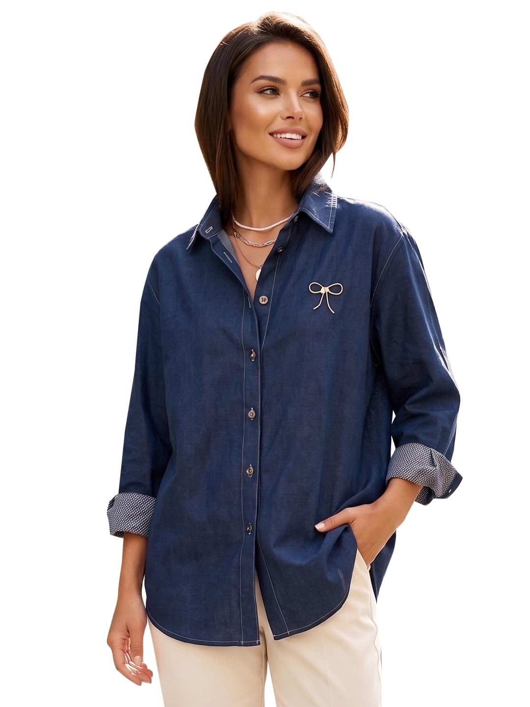 vogaan Effortless Denim Embroidery Shirt, Classic Indigo Button-Down Shirt with Minimal Bow Detail, Relaxed Fit for Everyday Casual Elegance and Timeless Style-picture-47