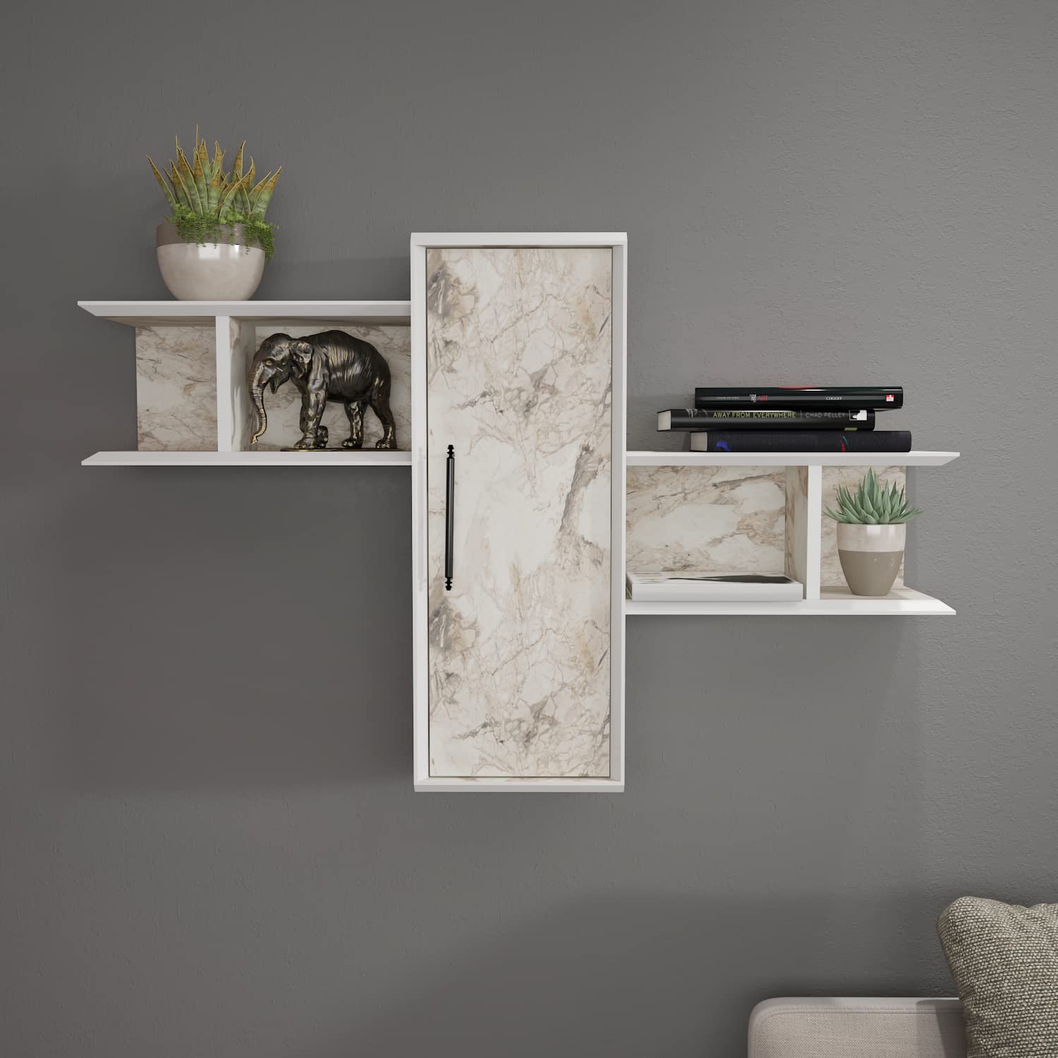 Decorotika Olida 57'' Wide Wall Mounted Floating Shelf with Cabinet Wallshelf for Home and Office (Marble Finish)