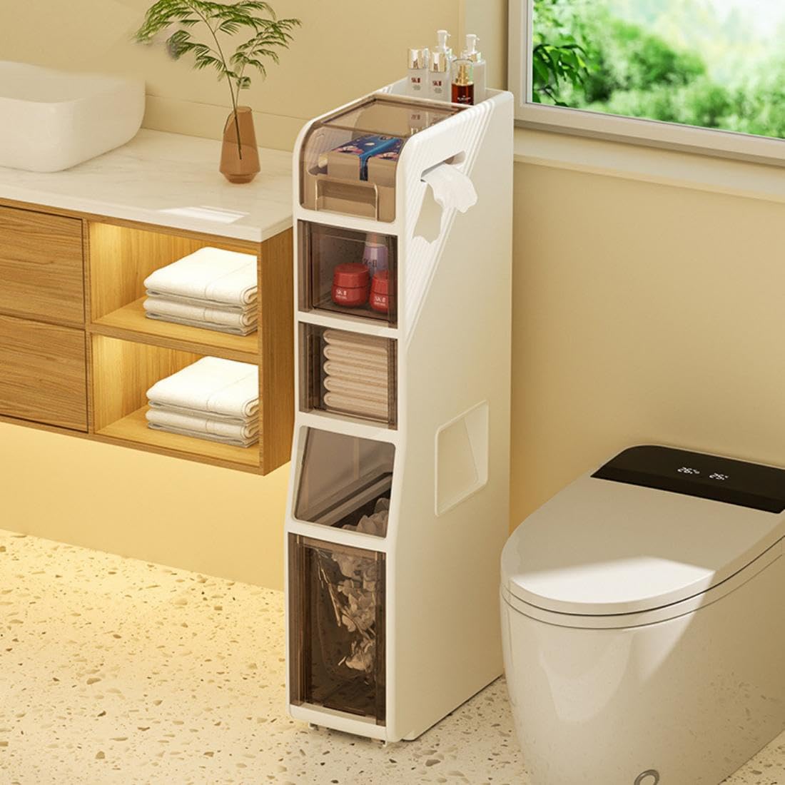 HOLMZCED 5 Tiers Bathroom Rolling Cabinet with Bin, Floor Storage Cabinet with Wheels Mobile Storage Drawers Organizer with Large Capacity for