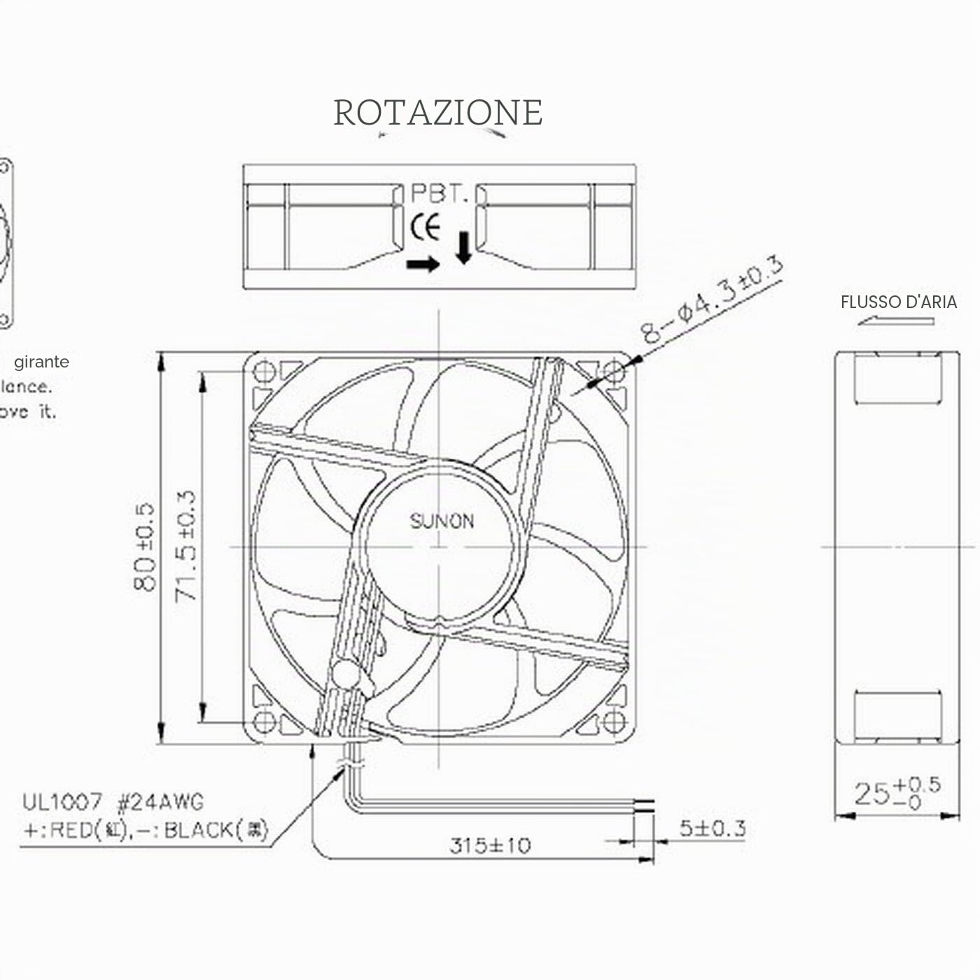 Ventola 12V DC 1,44W 80x80x25mm 69,6m³/h 3200U/Min 69,6m³/h Sunon EF80251S11000UA99