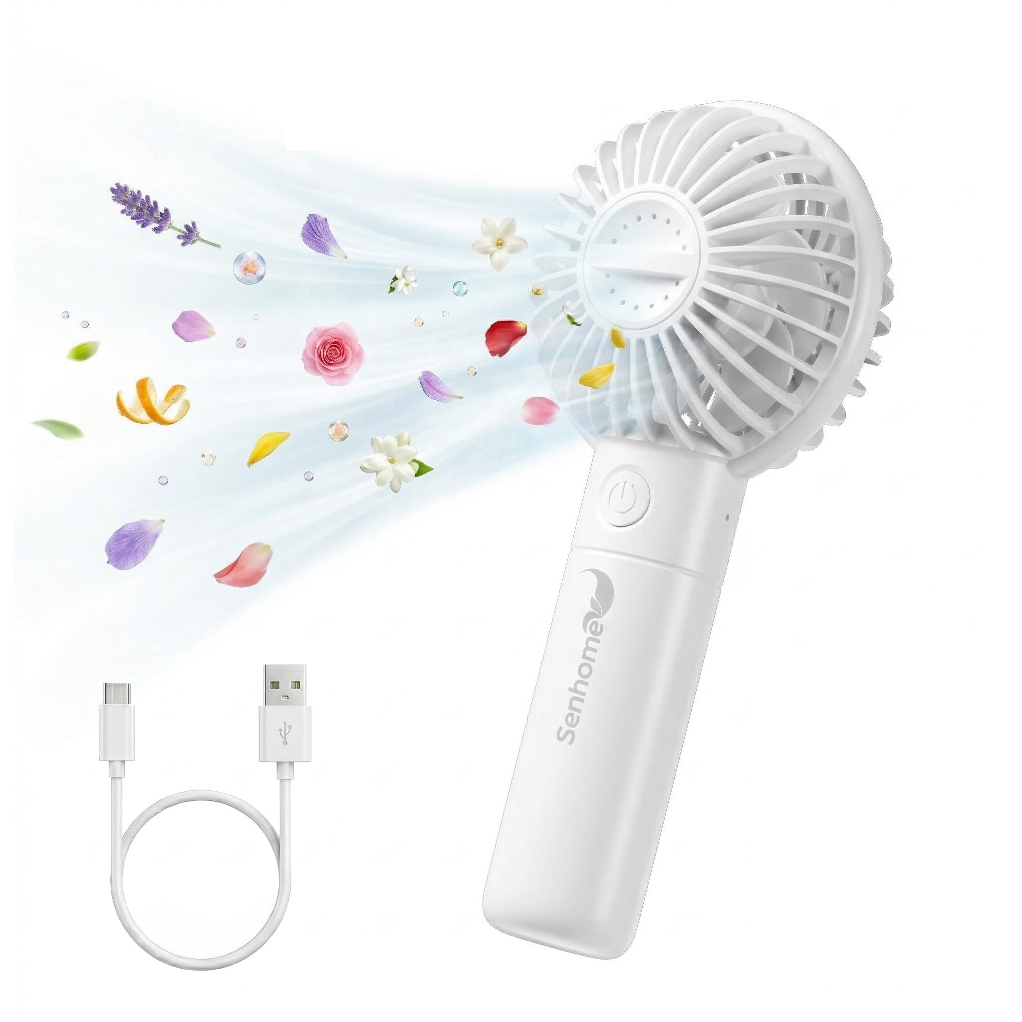 Senhome Ventilatore Portatile Ricaricabile - Vano Aromaterapia con Cartuccia in Cotone per Oli Essenziali - 3 Velocità  Batteria 1200 mAh  Ricarica USB-C - Compatto  per Casa  Ufficio e Esterno