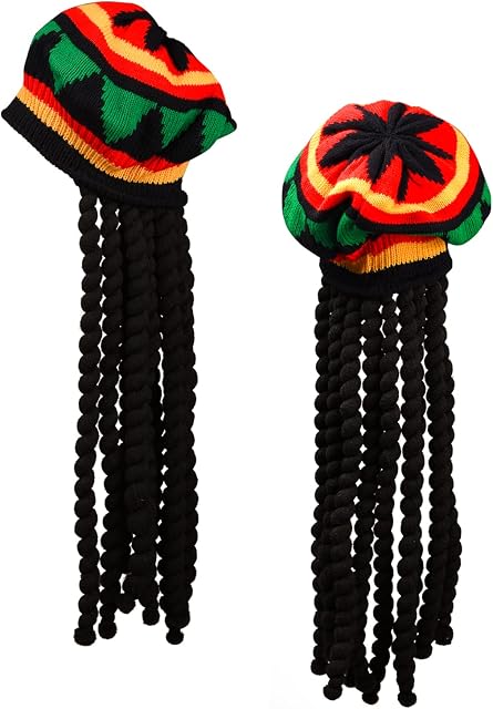 XNHIU 2 Pack Rasta Hat with Black Dreadlocks Bob Marley Dreadlocks Wig with Rasta Tam Hat Fancy Dress Rasta Wig Cap