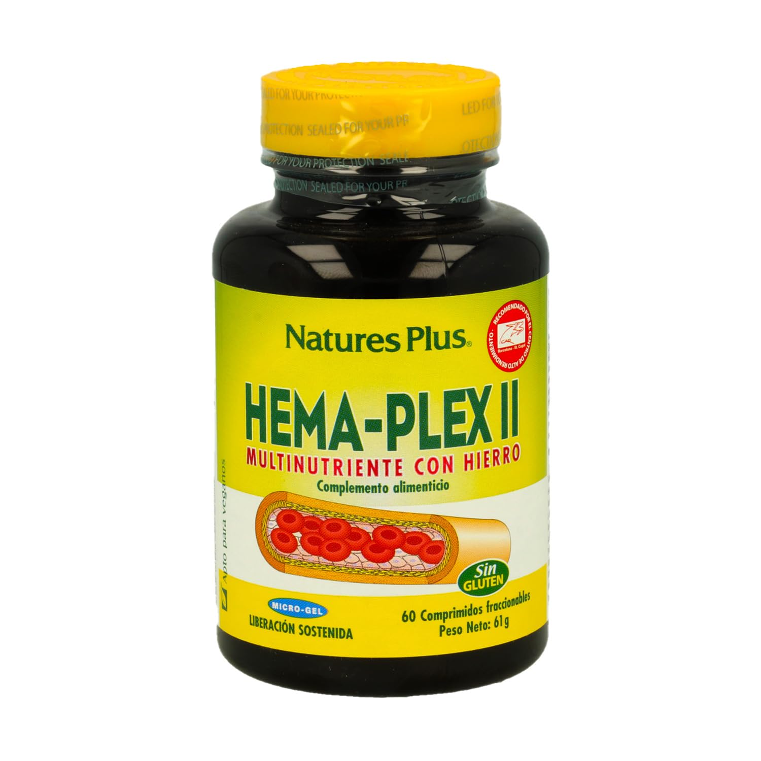 Nature´s Plus HEMA-PLEX II | 60 Comprimidos | Hierro Suplemento | Acido Folico | Vitaminas B2, B6, B12 | Complemento Alimenticio | Apto para Vegetarianos | Sin Gluten | Sabor Natural