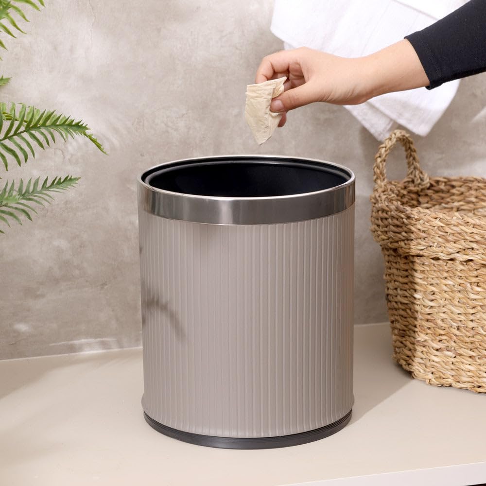 Stylish Taupe Waste Bin - PU Leather & Metal -3