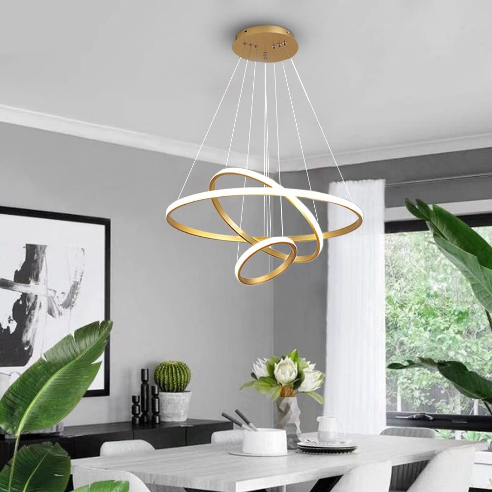LED Pendant Light 72W, Gold Dining Table Chandelier 3 Rings Dimmable 3000K-6000K, Bedroom Pendant Light Modern Pendant Light Height Adjustable Dining Room Light Living Room Light [Energy Rating A+]