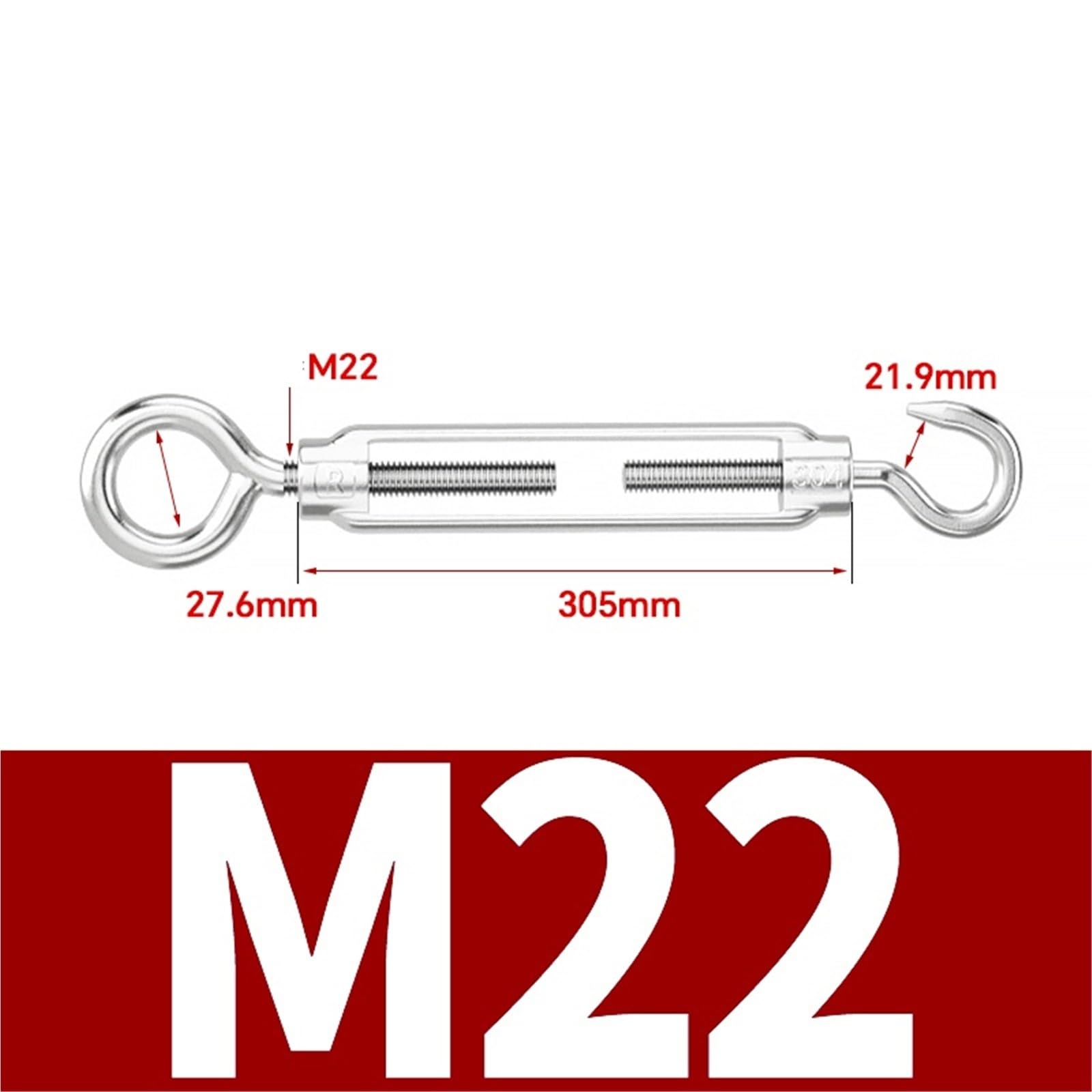 1 tensor de gancho y ojo de acero inoxidable 304 de alta resistencia M4-M27 for tensar cables, parasoles e instalación de carpas.(M22)