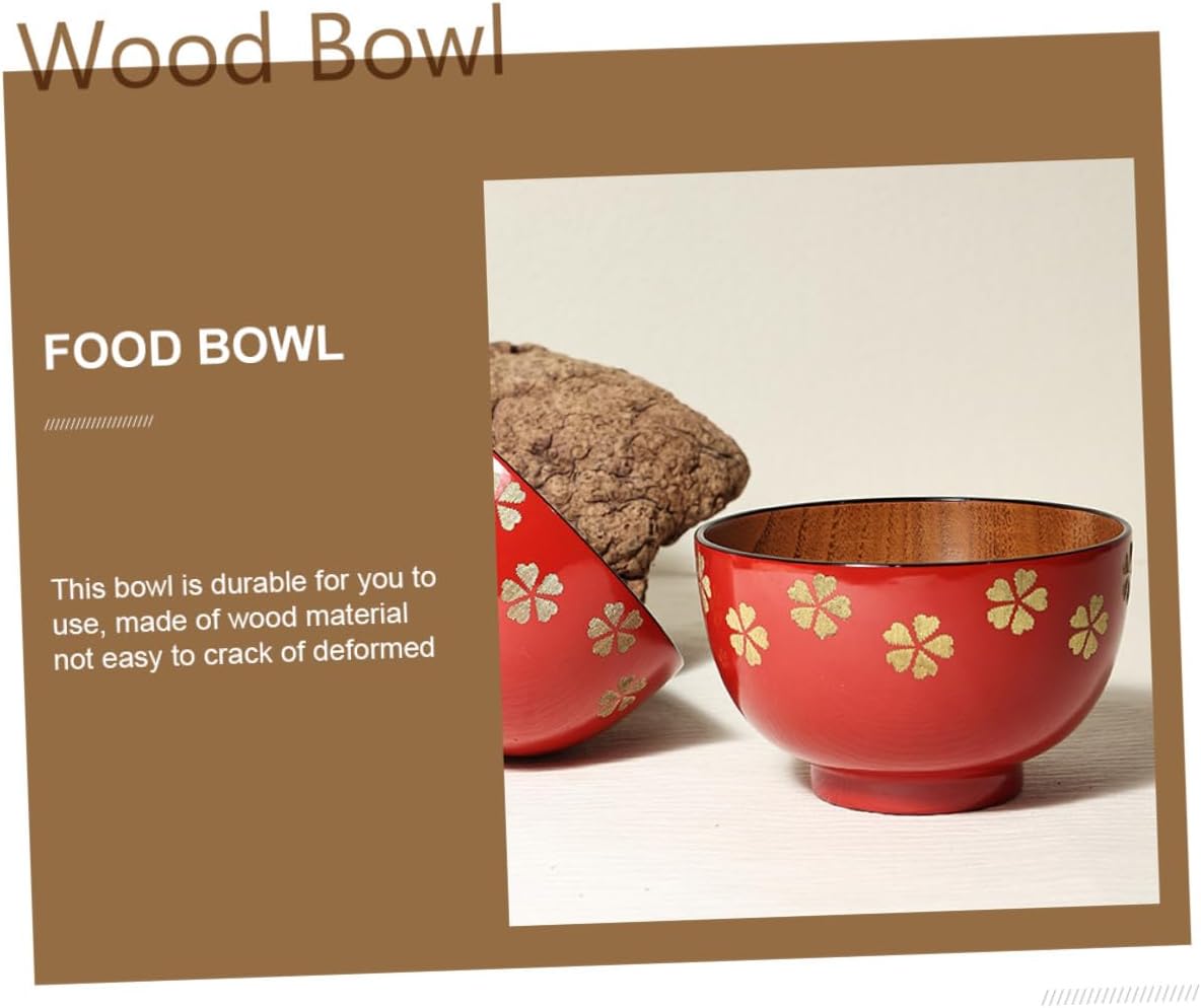 STAHAD Japanese Style Wooden Rice Bowl with Gold Cherry Blossom Leaf Design, Couple Soup Bowl Set, Natural Wood Kitchen Dining Accessory for Serving Rice and Noodles
