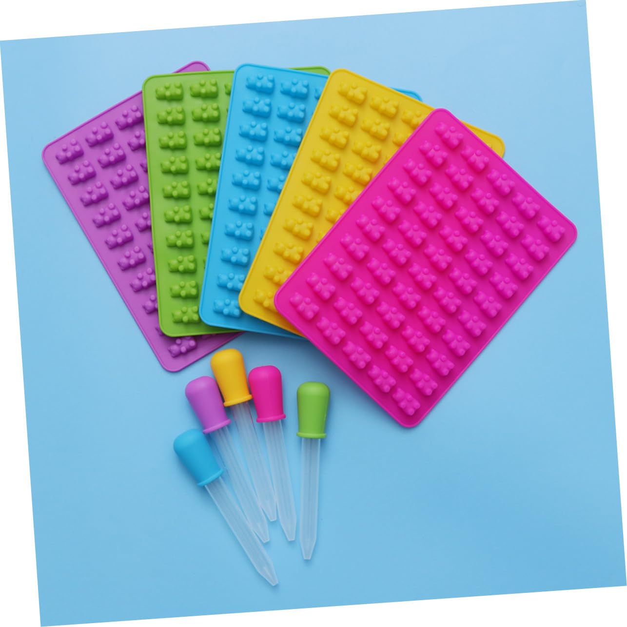 Cabilock 5ensembles Moules à Bonbons Silicone Forme Ours avec Compte-gouttes Bleu Ciel Vert Rose Jaune