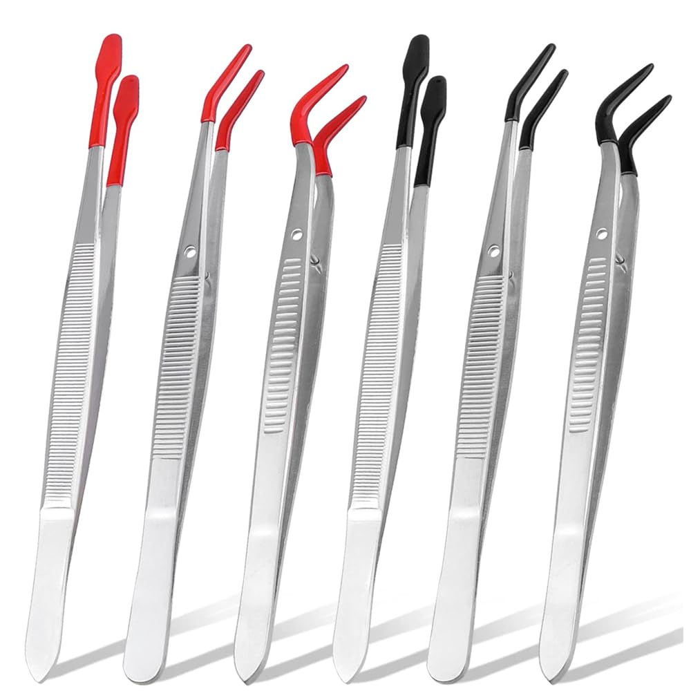 Set 6 Pinzette Con Punta In Gomma Antistatica – Acciaio Inox, Punte Fine, Piatte E Curve, Per Gioielli, Elettronica E Ciglia