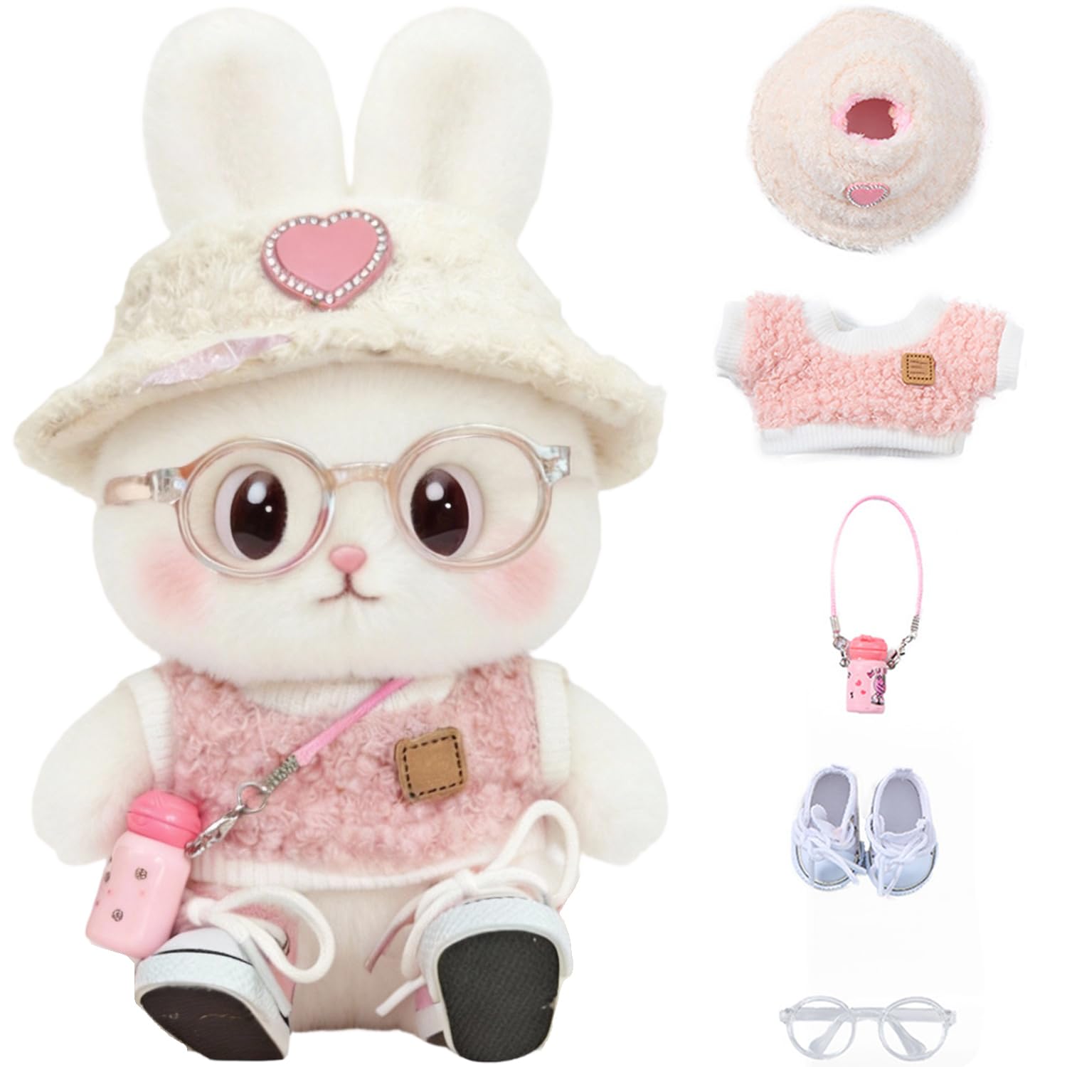 17cm Doll Clothes 5-Piece Kawaii Outfit Set - Pink Top, Bucket Hat, Mini Camera, Glasses & Shoes - DIY Accessories for 6.7” Plush Toys & Collectibles (Style A1)