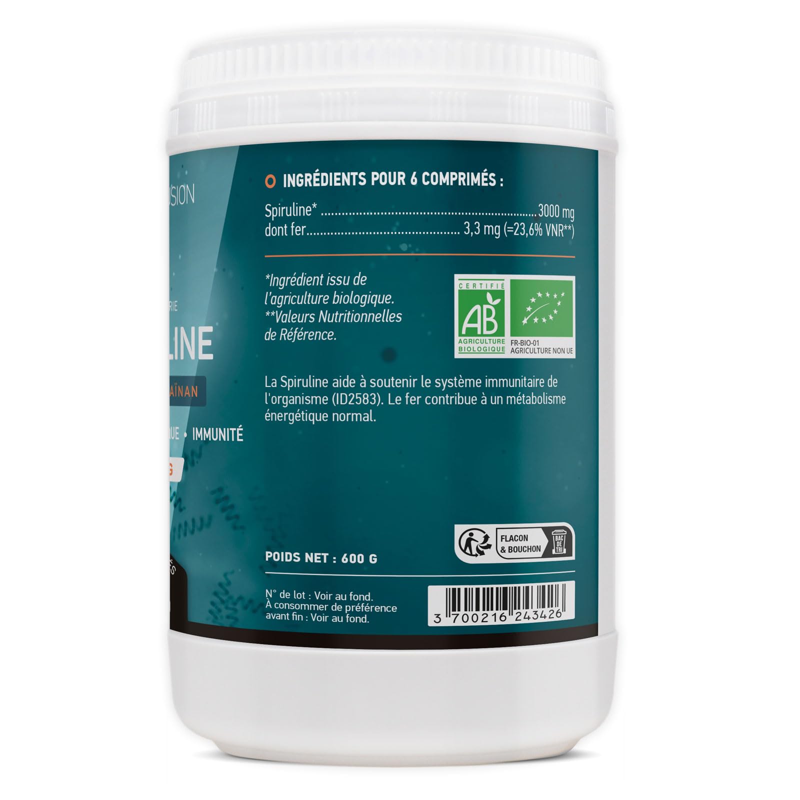 Spiruline Bio AB 500 mg -1200 comprimés - Riche en Protéines, Phycocyanine, Chlorophylle, Caroténoïde et Fer - GPH Entreprise Française