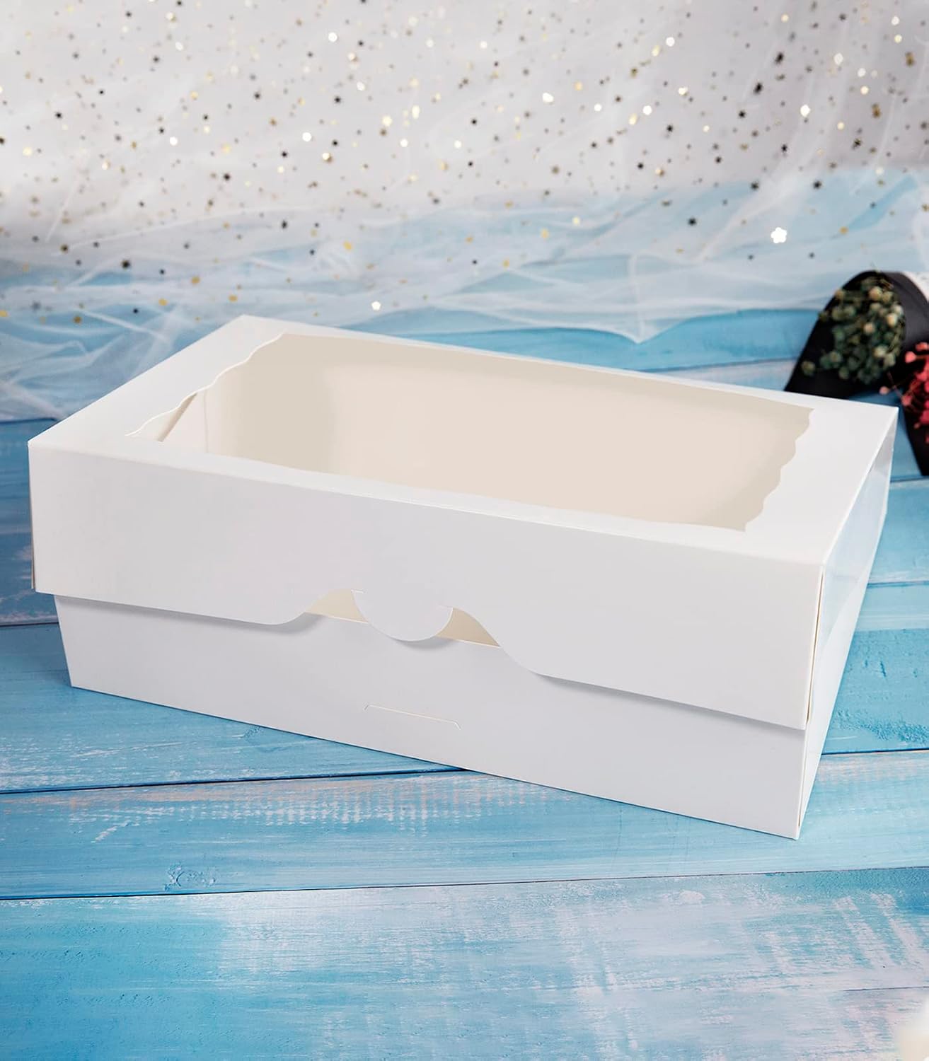 White Pastry Bakery Box 14x10x3inch,Large Donuts,Muffins,Cookies Boxes with PVC Window - Auto-Pop up Paper Box Nature Cardboard Take Out Container,Pack of 8