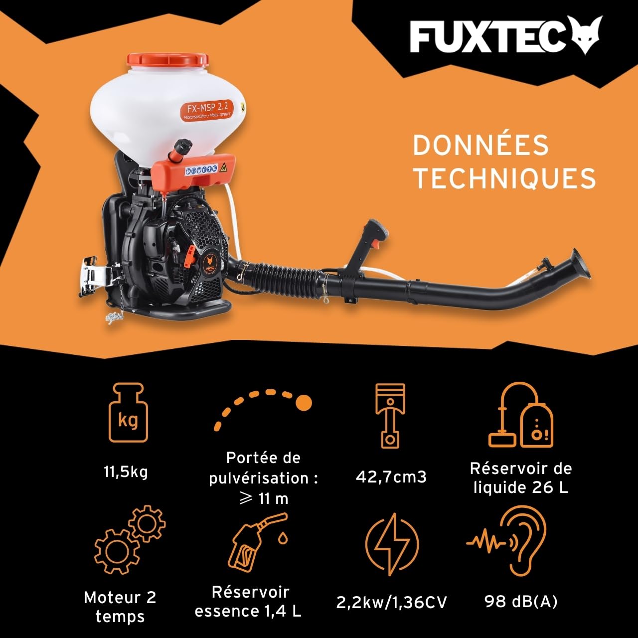 Pulvérisateur pression à dos thermique FUXTEC FX-MSP2.2 - Sac à dos essence 41,5 cm3, pulvérisation poudre ou liquide pour fertilisation, lutte contre les parasites, épandage de sel