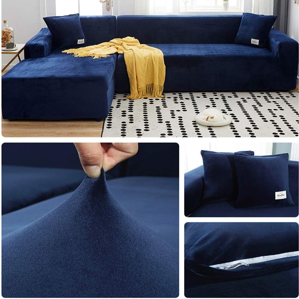 Plush Sofa Cover for 3 Cushion Couch,Velvet Couch Cover Stretch Recliner Chair Cover Furniture Sofa Loveseat Cover Protector Blue 75-91in+75-91in