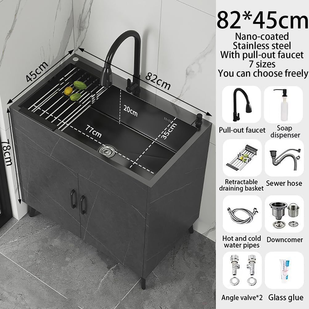 19.6-32.2In Stainless Steel Utility Sink Laundry Sink with Cabinet,Freestanding with Retractable Hot & Cold Faucet,for Kitchen Outdoor,Restaurant,Garage,Laundry Room,Black,82 * 45cm