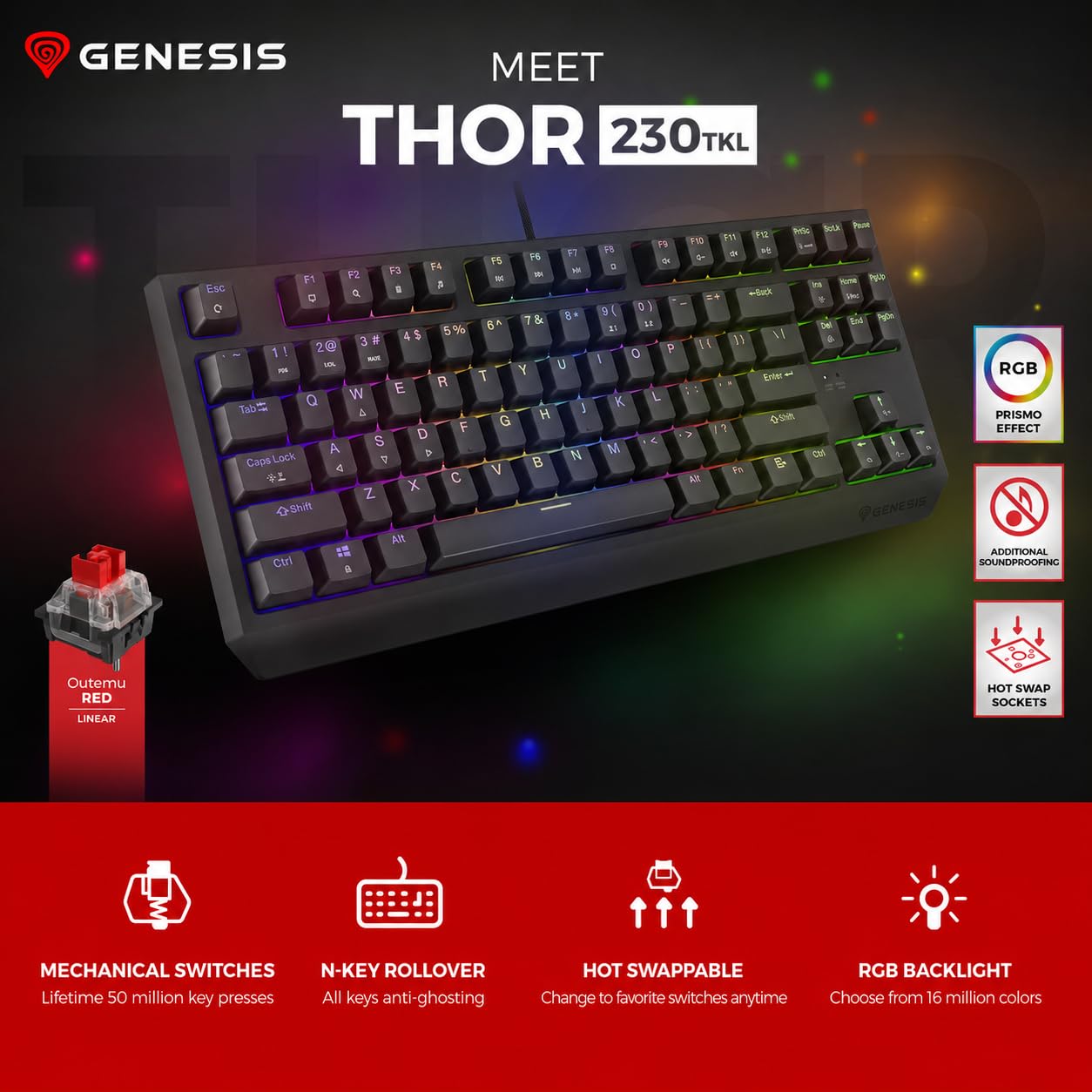 Genesis Thor 230 TKL Klawiatura Mechaniczna Hot-Swap RGB, z niemieckim układem QWERTZ, N-Key Rollover, Double Injection Keycaps, USB, Kompaktowa Gamingowa Klawiatura TKL do PC, Czarna,