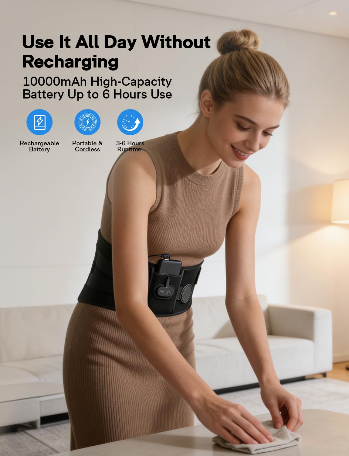 Almohadilla térmica inalámbrica de 10000 mAh con masajeador para aliviar el dolor de espalda, masajeador de espalda baja de 50 a 67 pulgadas con 3 calor y temporizador, 5 almohadillas térmicas