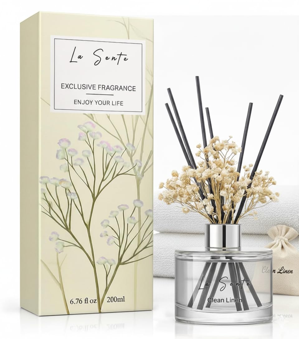 Photo 1 of La Sente Reed Diffuser Set (6.7fl oz), Natural Clean Linen Essential Oil Fragrance with Glass Bottle, Black Rattan Sticks & Preserved Flowers, Up to 120 Days Lasting Fragrance for Home & Office